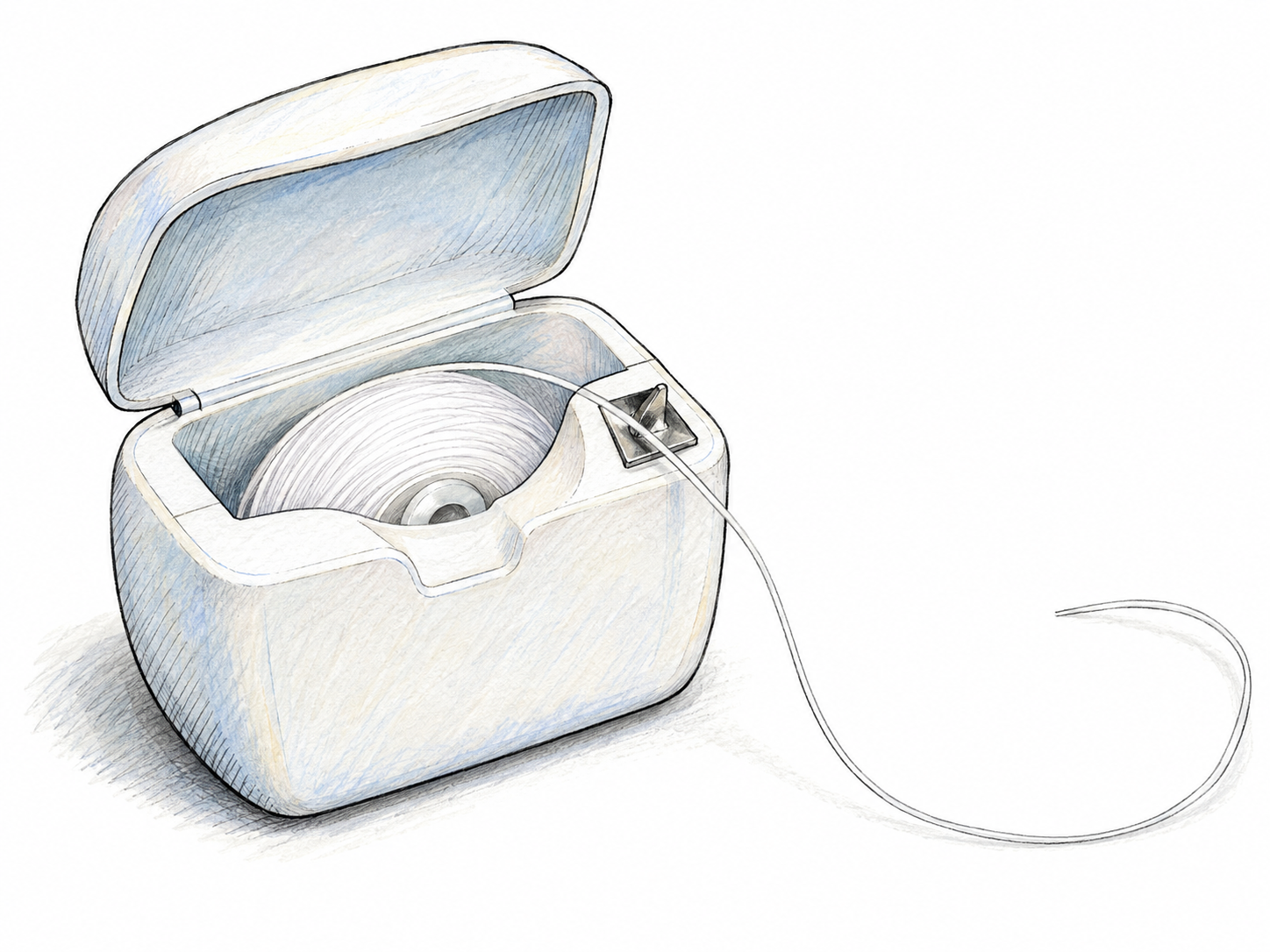 An open dental-floss dispenser with its spool visible and a fine thread drawn through its dispensing notch and metal cutter.