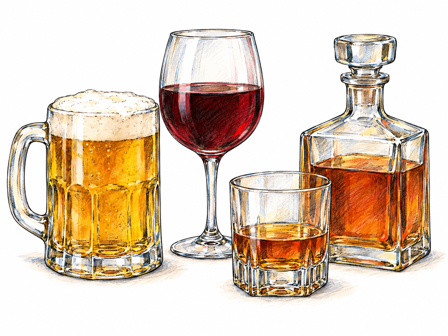 A compact still life of three recognizable alcoholic drinks: a foamy beer, red wine in a stemmed glass, and amber liquor in a low tumbler beside a plain spirits decanter.