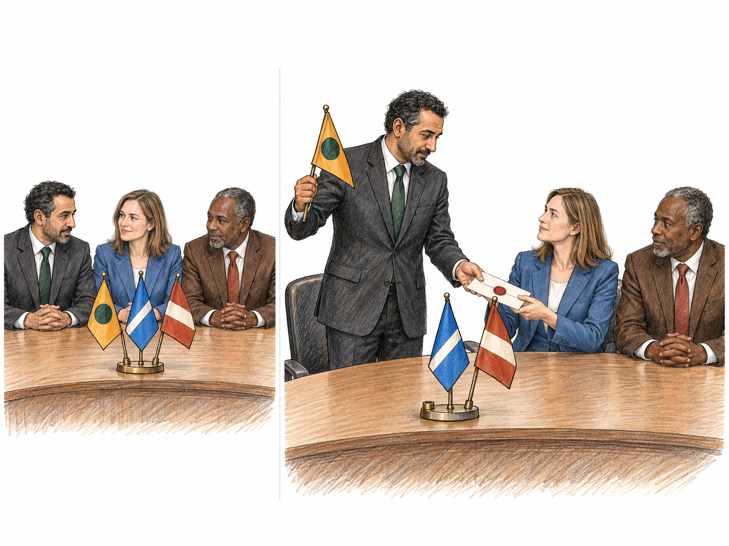 A two-stage diplomatic scene shows a member state formally leaving an alliance: its delegate voluntarily removes his national flag from the shared council display while presenting a sealed withdrawal document, then stands with that flag apart from the continuing council.