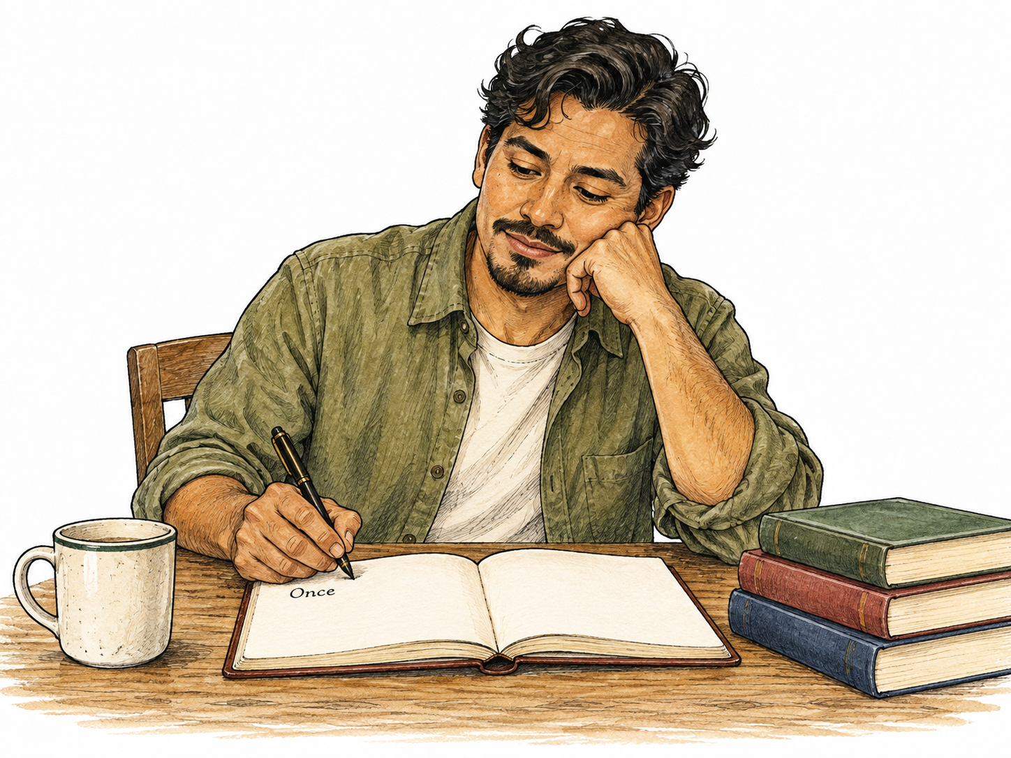 Adult writer works thoughtfully with pen and open notebook beside several closed blank books, page shows only a tiny single functional word “Once”, no other writing.