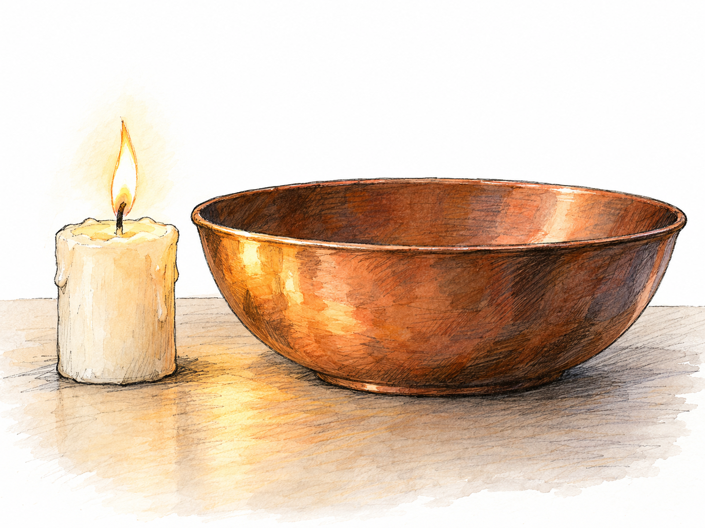 A low candle flame casts a soft, wavering golden reflection across the curved surface of a nearby copper bowl.