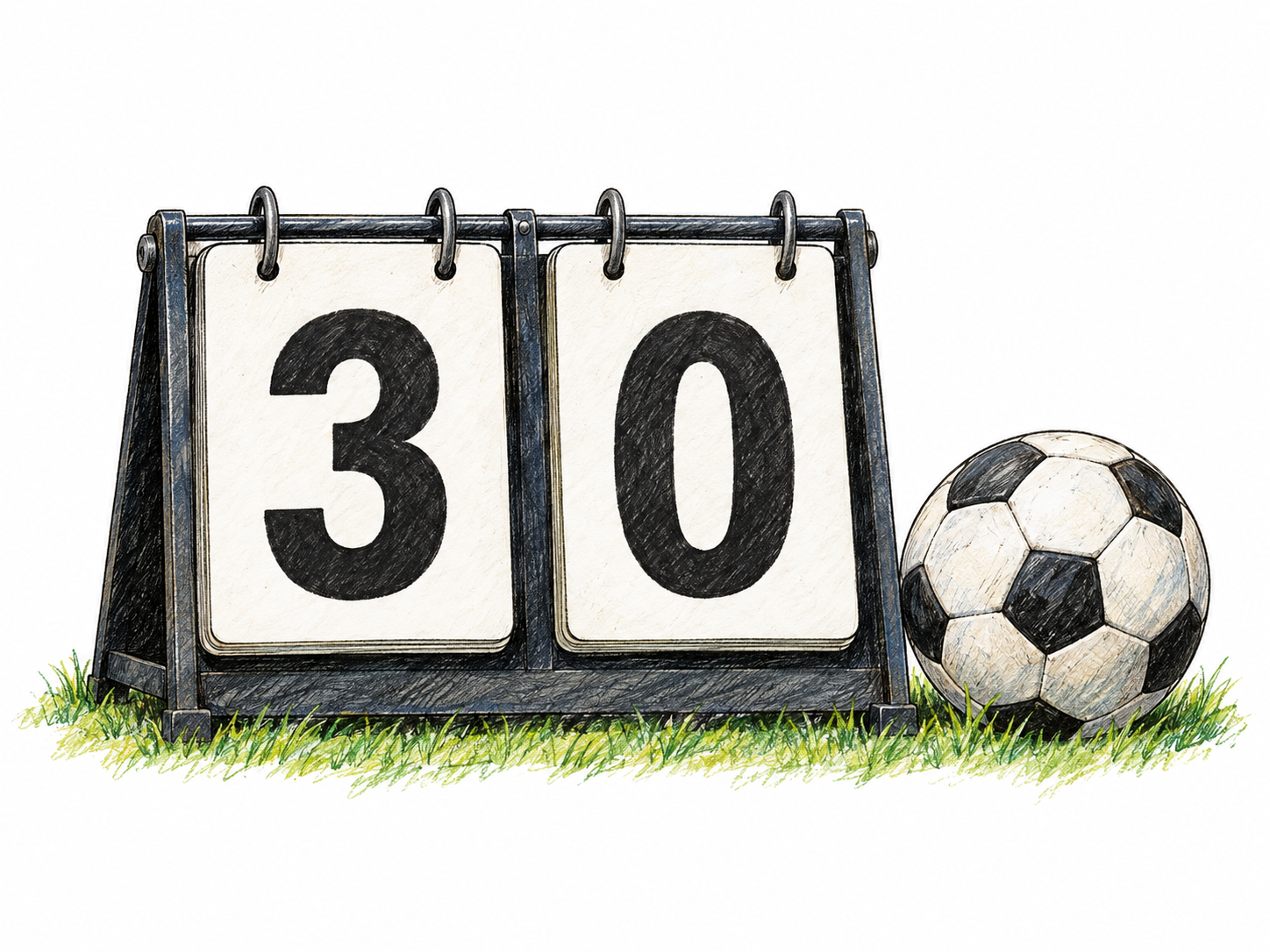 A simple soccer scoreboard reading 3–0, with the zero especially prominent, and a soccer ball at its base to establish the scoring context.