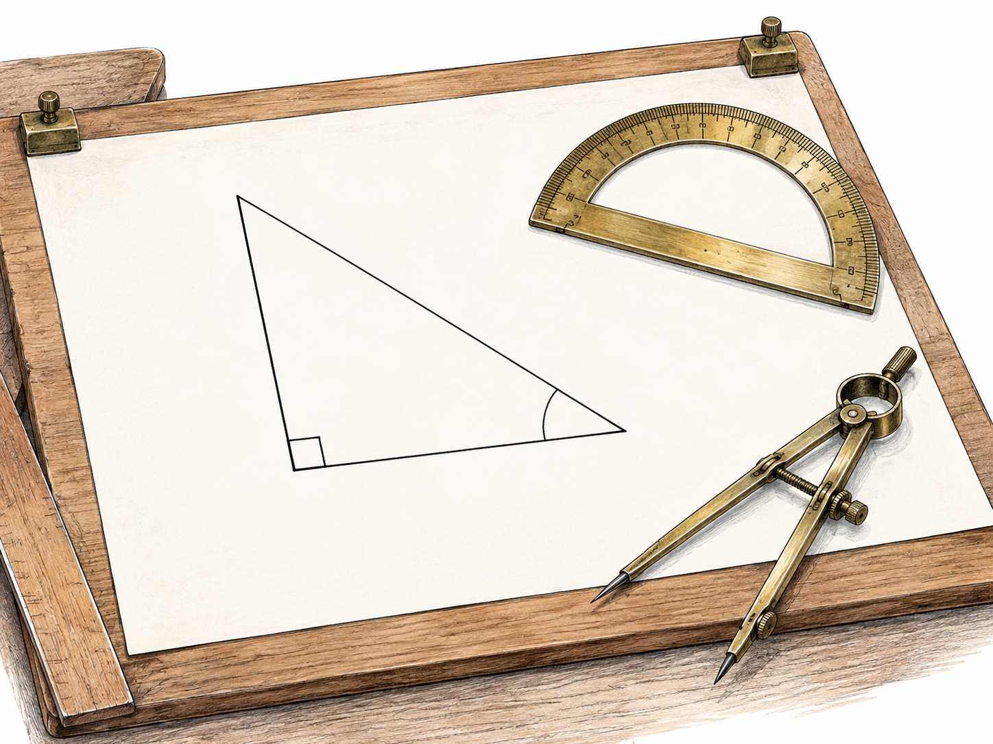 A surveyor's plain drawing board holds a single right triangle with its right-angle square, one angle arc and three clear sides; a brass protractor and divider nearby.