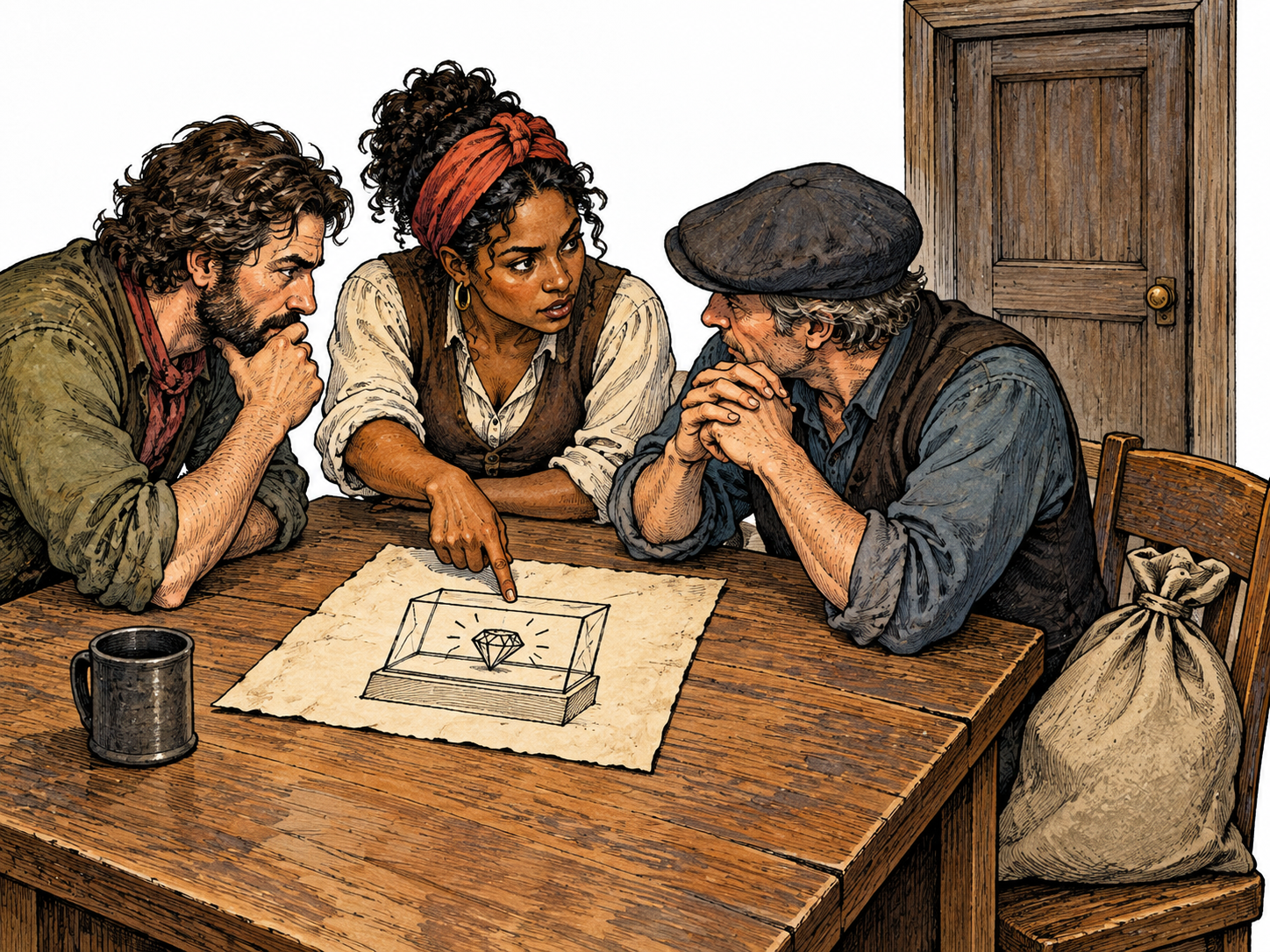 Three adults of varied appearances secretly plan a theft around a table, pointing to a simple picture of a display case containing a jewel; a closed door and concealed empty sack establish wrongful secrecy.