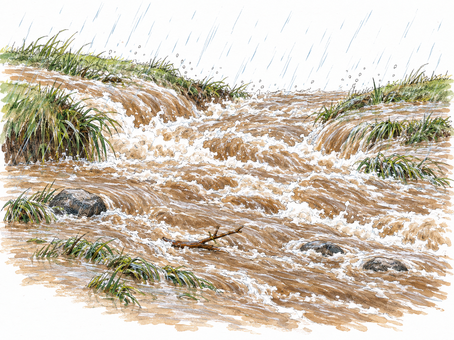 A swollen creek surges over its banks after heavy rain, spilling muddy water across low grass while rain continues to fall.
