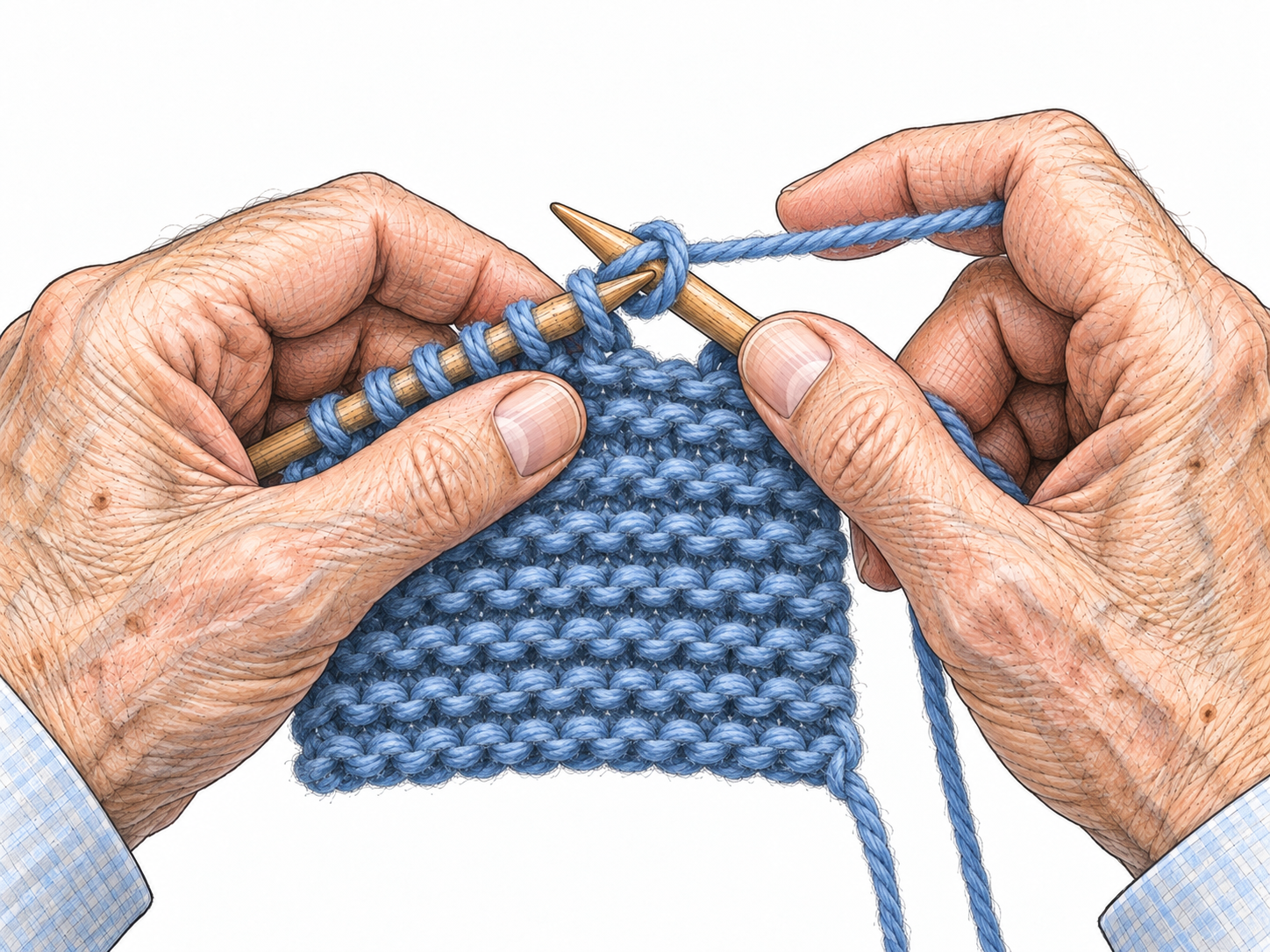 Close-up of an older man's hands working a purl stitch, with the working yarn in front of the needles and a clearly visible fabric face covered in raised purl bumps.