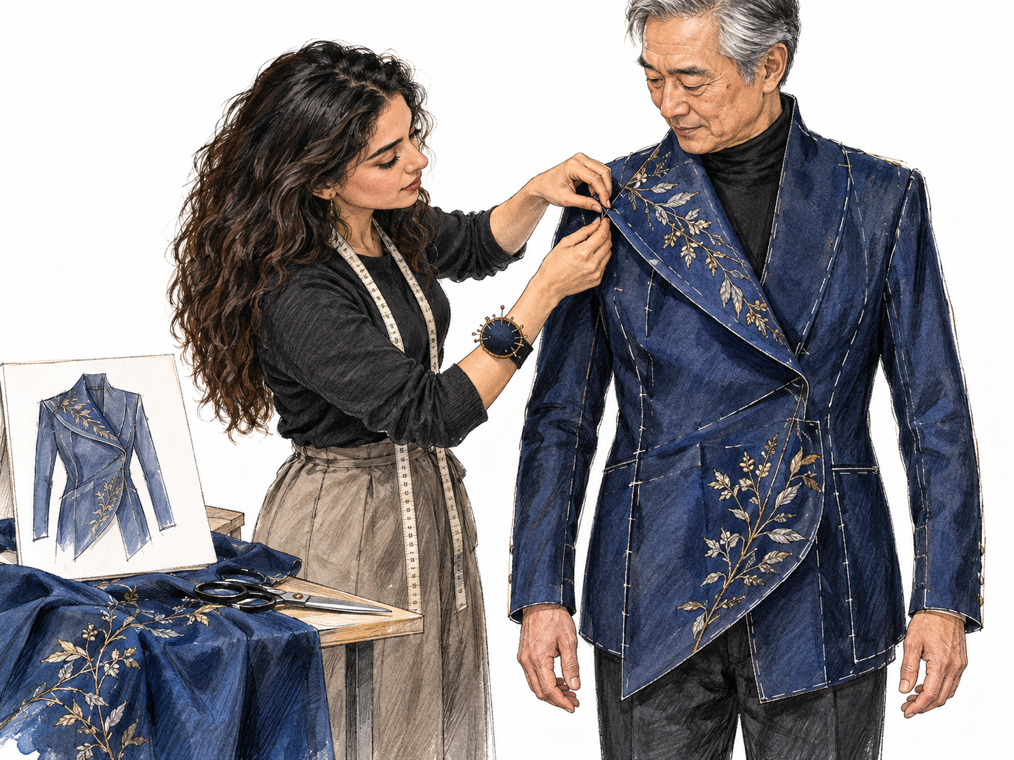 A couturier personally fits an elaborate bespoke evening jacket on an older male client, pinning its sculptural silk lapel while a matching design sketch makes her design role visible.