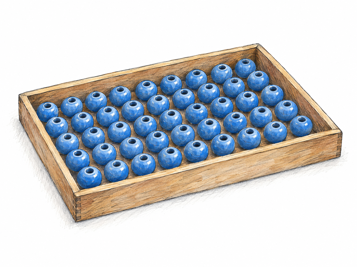 A shallow wooden tray filled with a single neat layer of identical blue ceramic beads, all the same size, shape, and color, showing a whole composed of alike parts.