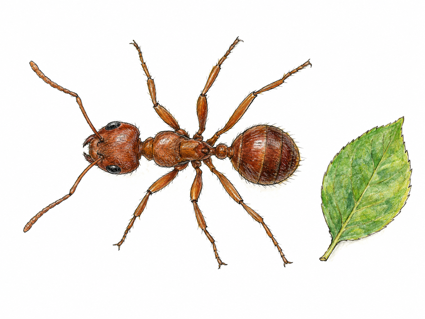 A single ant viewed from above, with all six legs clearly separated and its head, thorax, and abdomen visibly distinct.