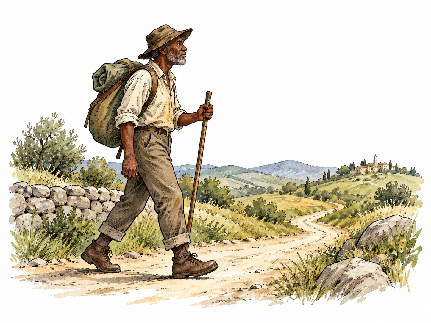 An older brown-skinned traveler walks a countryside road carrying a modest pack and staff.