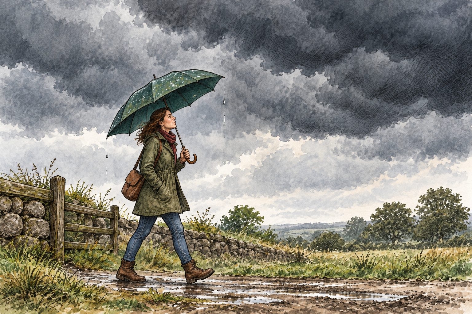 Dark heavy rain clouds gather above a person carrying an umbrella, rain highly probable, a few first drops confirm likelihood.