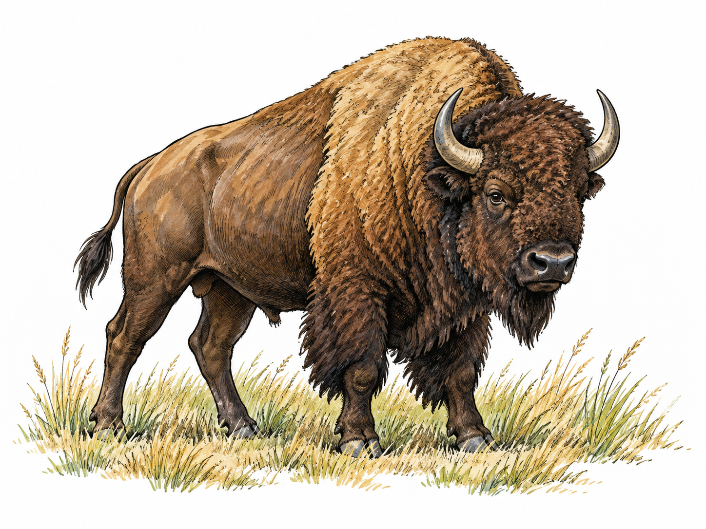 A large wild bison stands strongly in a natural grassland, full anatomy, forceful animal presence, no text.