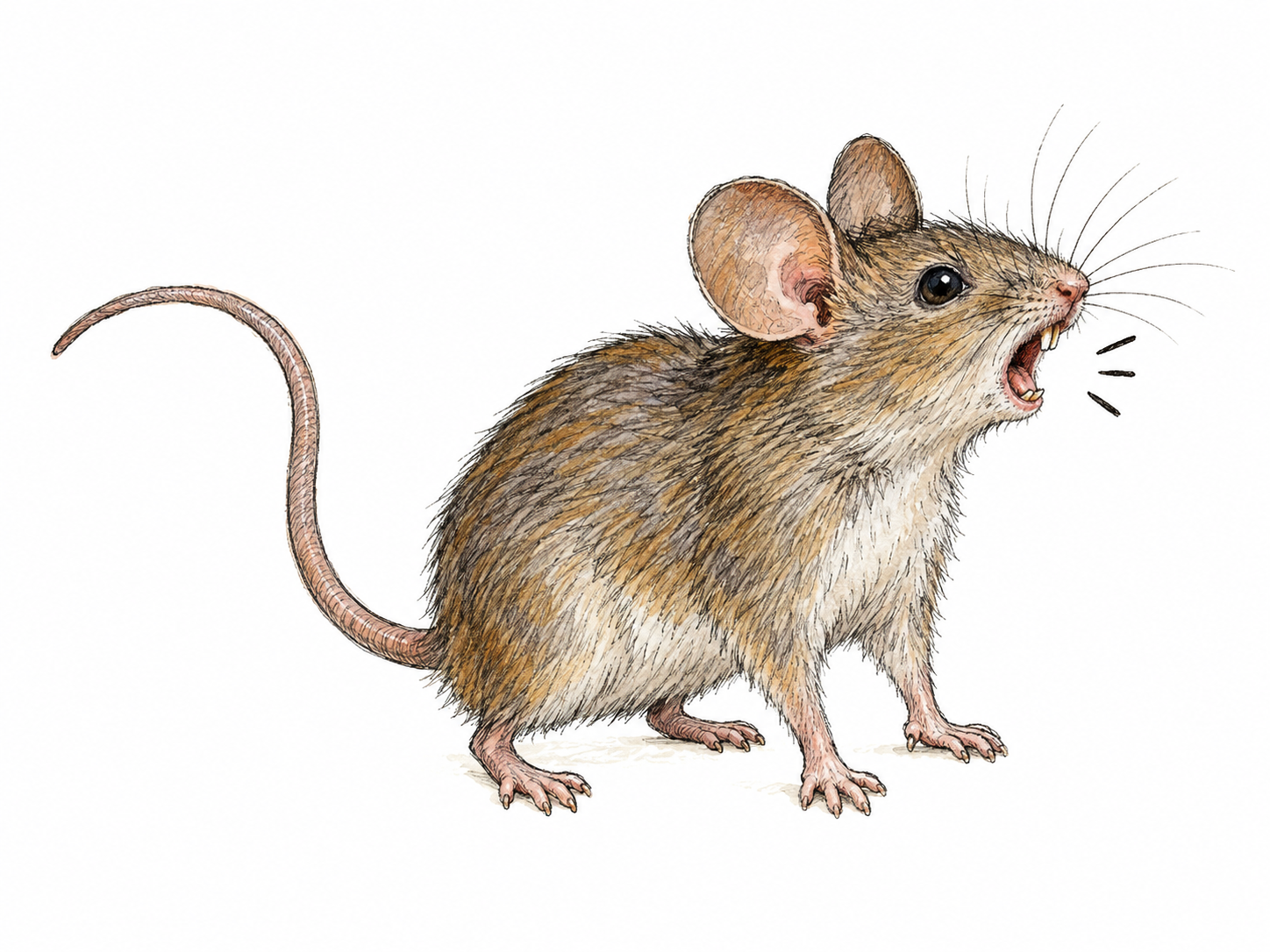 A small mouse raises its head and squeaks, its mouth visibly open, with a few tiny radiating ink strokes indicating a brief vocal sound.