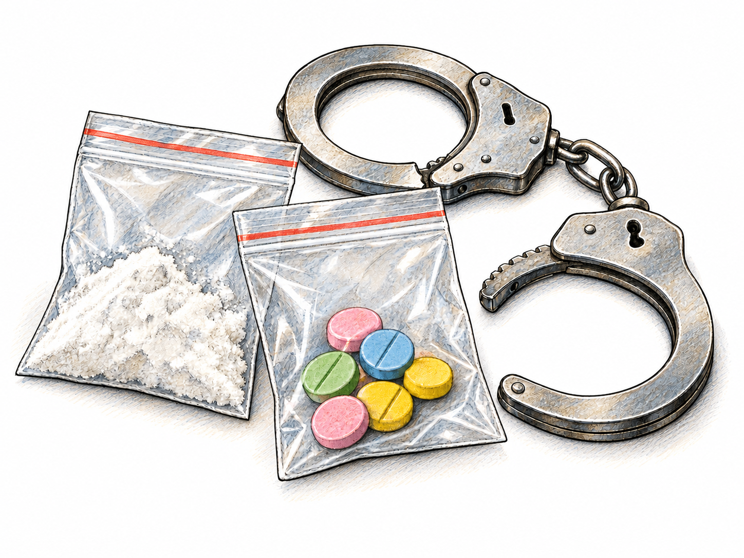 A small cluster of illicit-drug packets beside open police handcuffs: one transparent packet contains white powder and another contains brightly colored unmarked tablets.