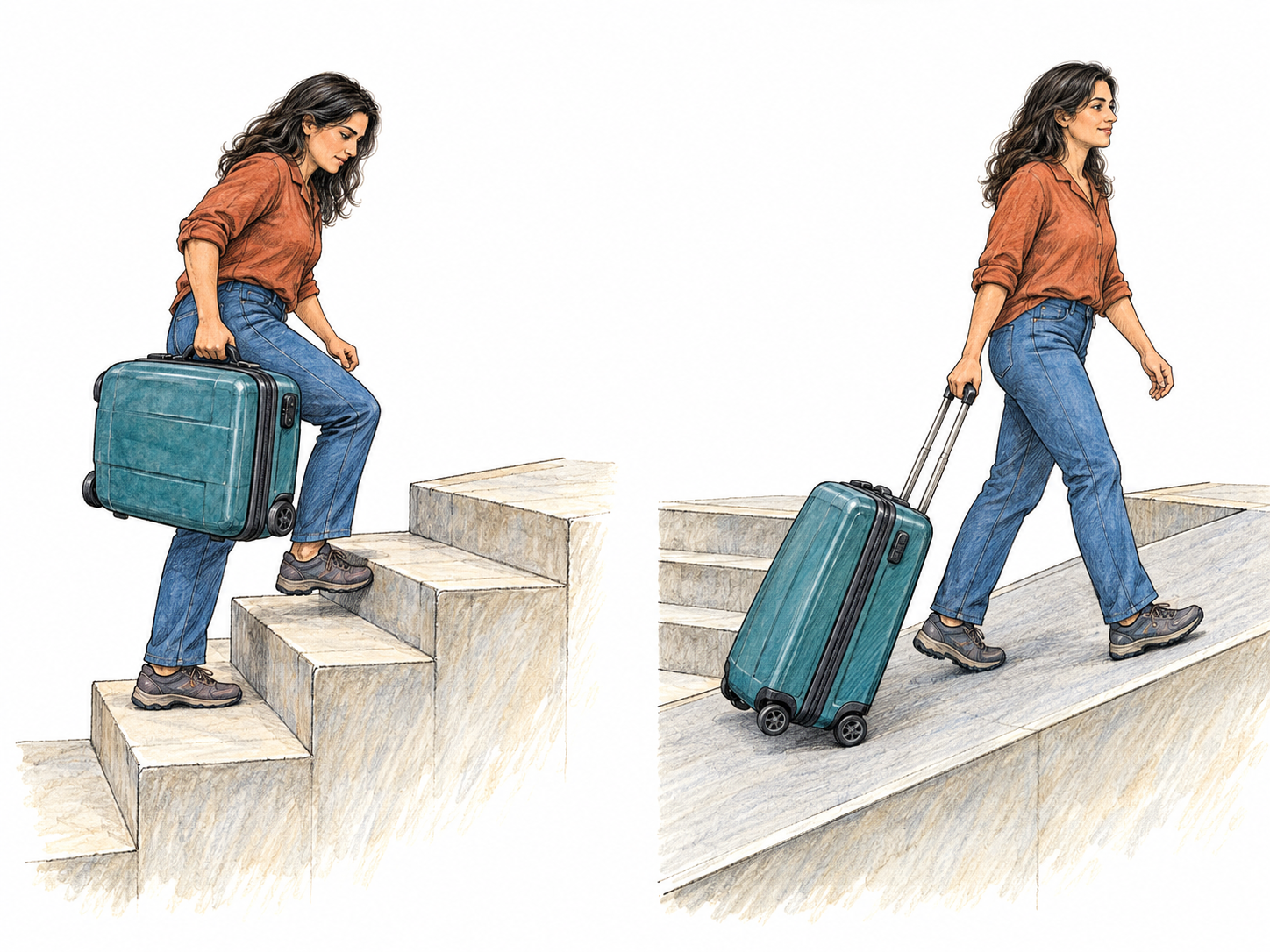 A compact comparison shows a ramp making it unnecessary to carry a heavy wheeled suitcase up entrance steps: the same traveler carries it on the steps in one view and rolls it up the ramp in the other.