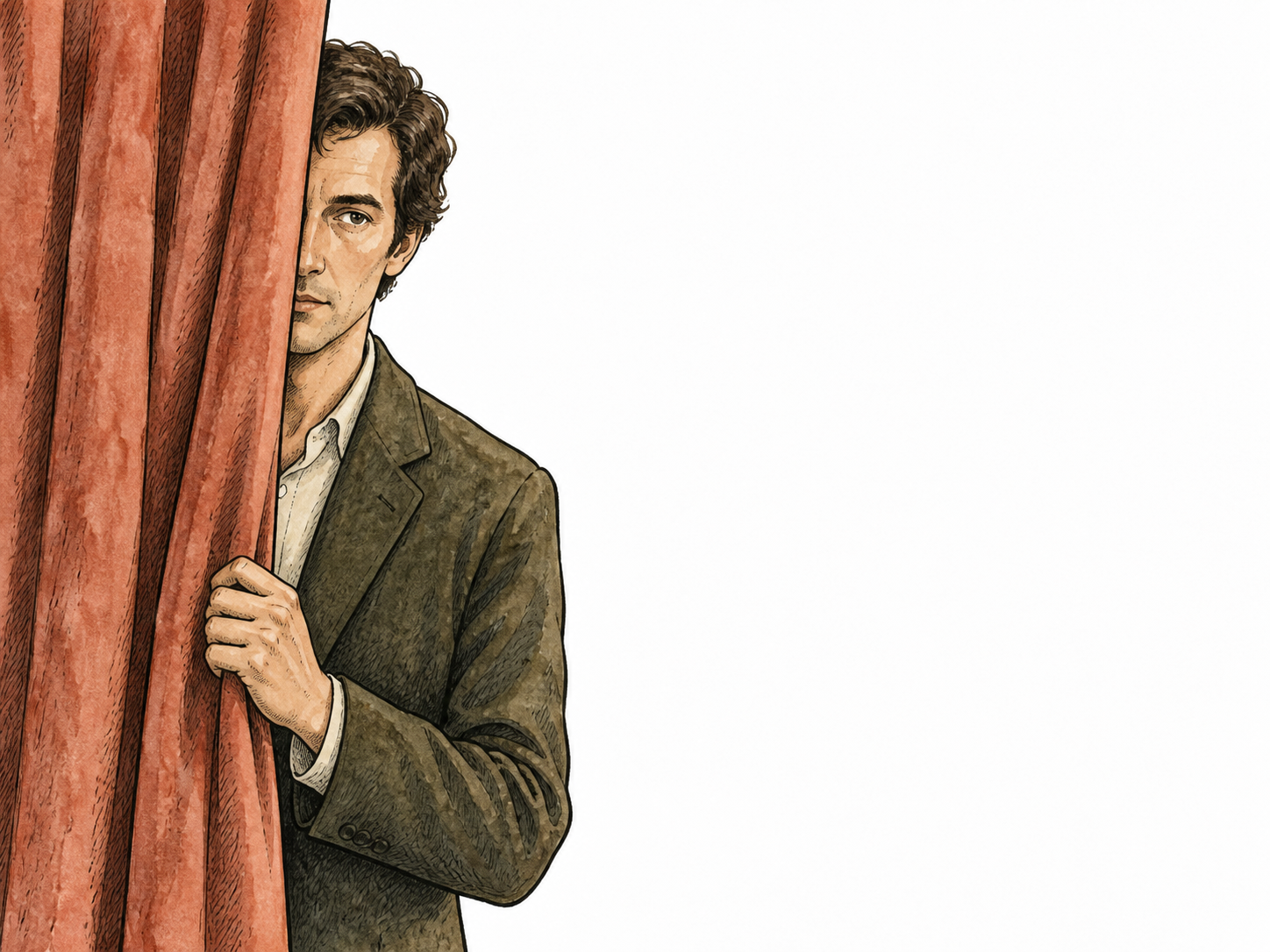 An enigmatic adult with a restrained unreadable expression stands partly behind a curtain, subtle mystery.