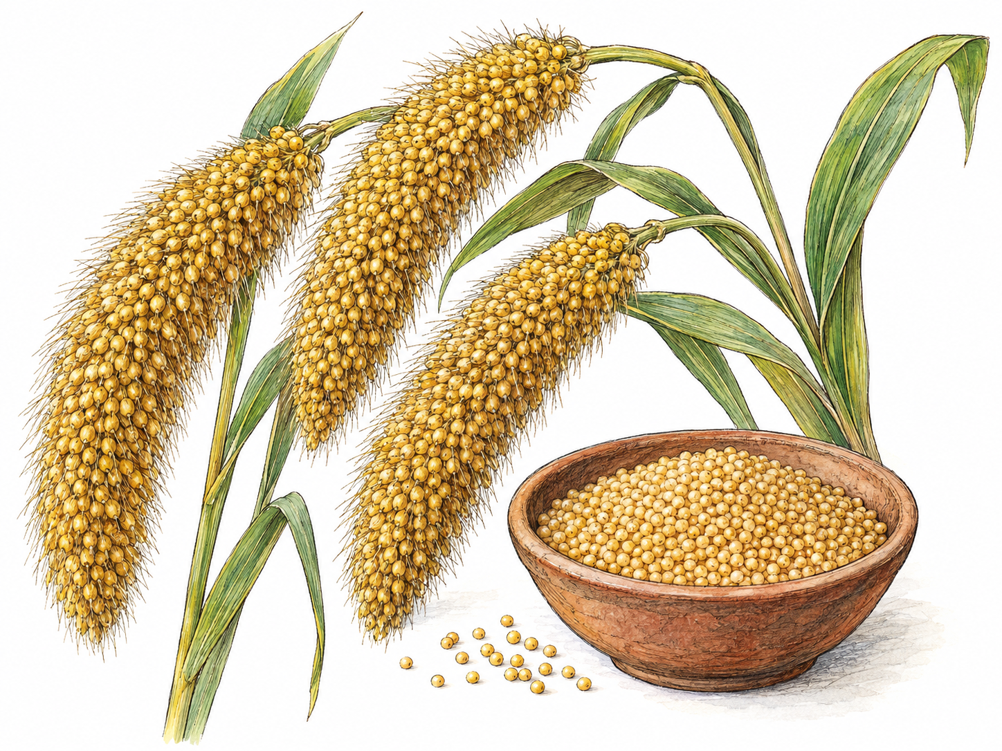 A close botanical still life of ripe foxtail millet stalks beside a shallow bowl of their tiny harvested grains, making both the crop and its edible seed visible.