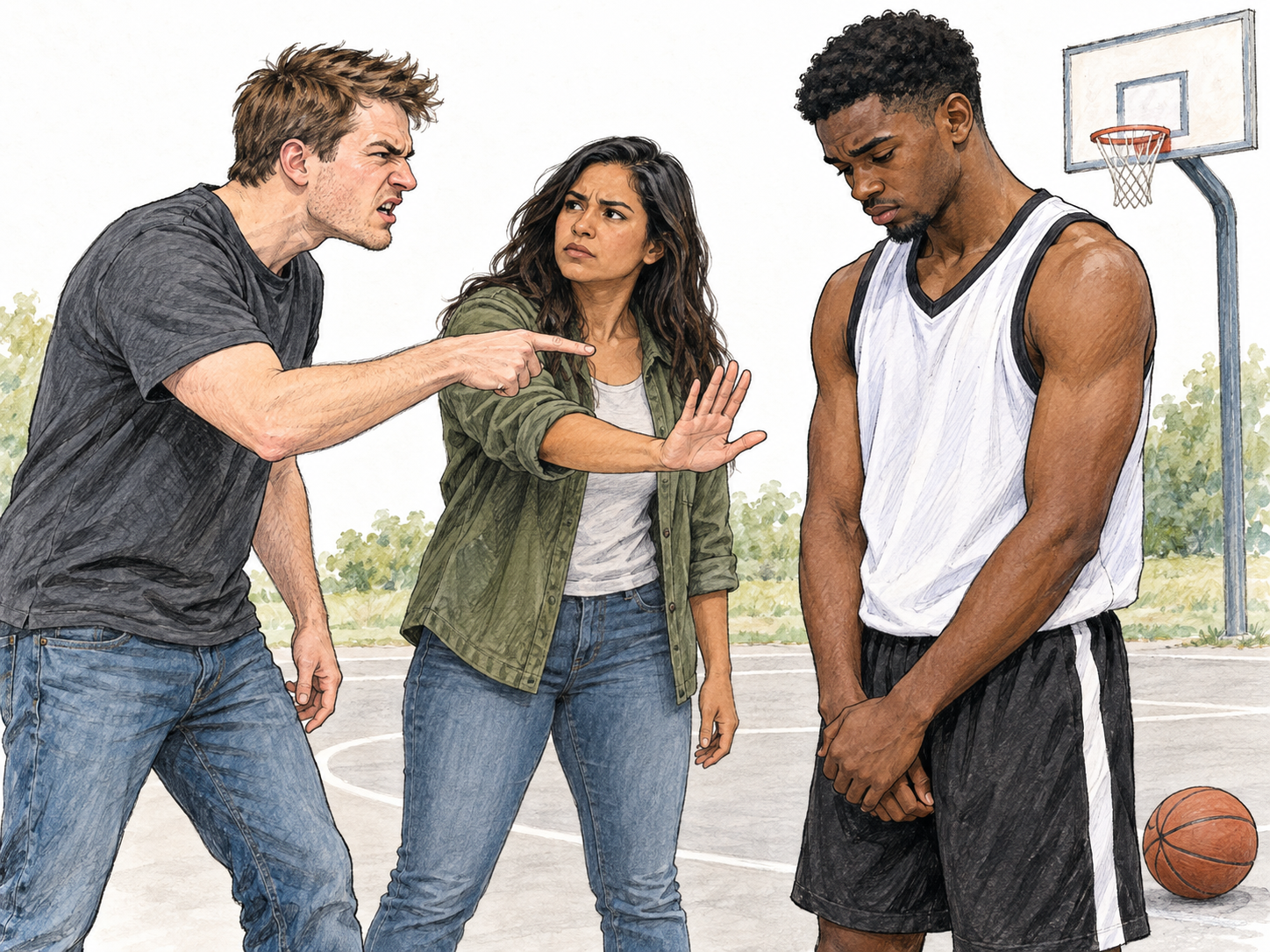 A contemptuous spectator verbally berates a young athlete after a visibly missed basketball shot; another spectator intervenes against the abusive outburst.