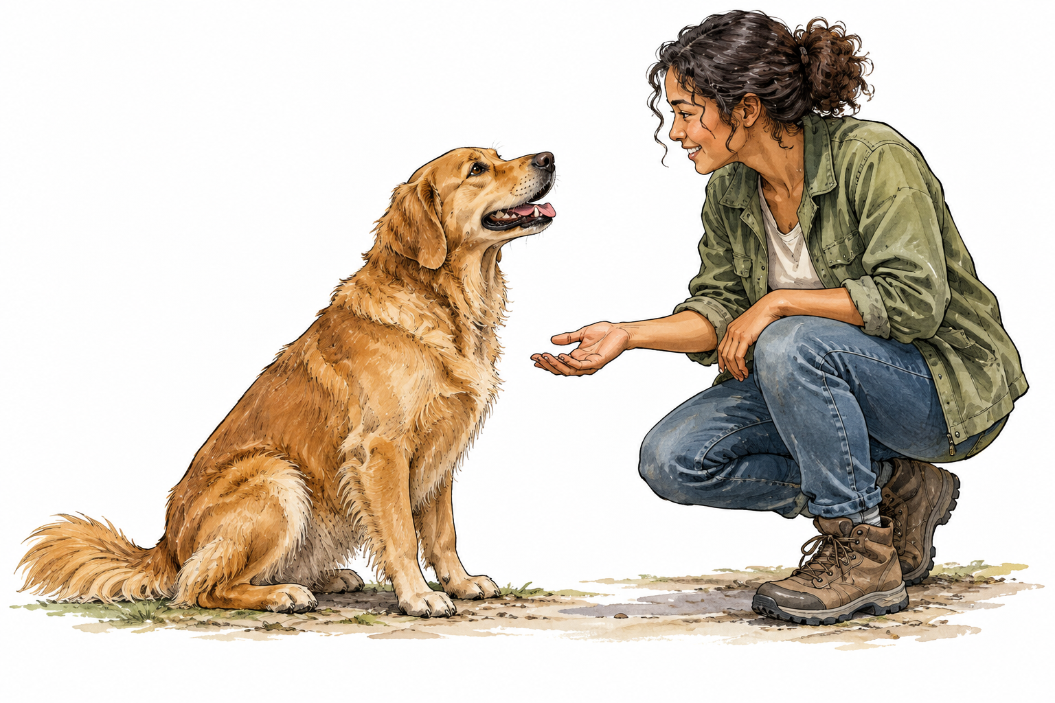 A curious dog responds attentively to a person's friendly gesture, living creature able to perceive and feel, no claim about human-only consciousness.