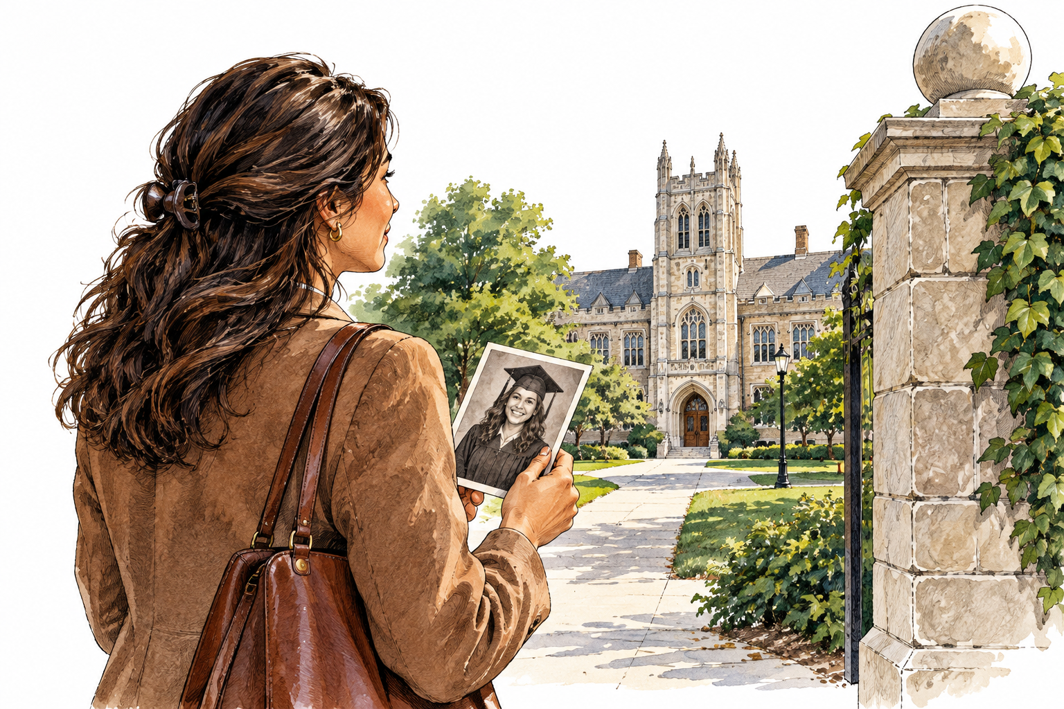 An adult woman graduate returns to her former university holding an old graduation photograph.