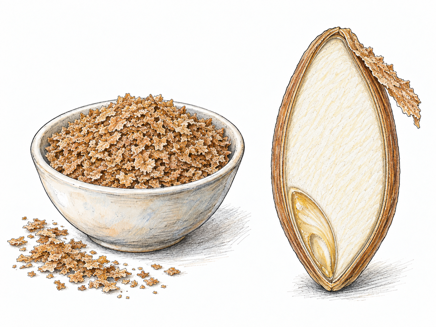 A close-up of wheat bran flakes in a small bowl beside an enlarged cutaway wheat kernel, visibly connecting the flakes to the thin brown outer layers surrounding the pale grain interior.