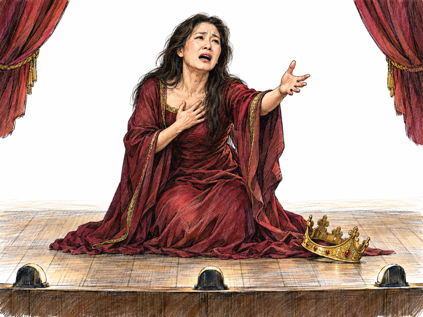 A contemporary stage actress performs a tragic queen's role: kneeling beside a fallen crown, she reaches outward with an anguished expression.
