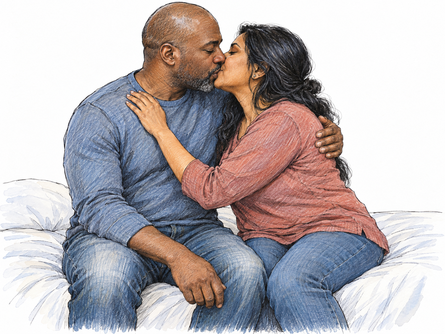 A discreet, non-explicit intimate moment between two unmarried middle-aged adults: a man and woman sit close together on the edge of a bed, sharing a gentle kiss.