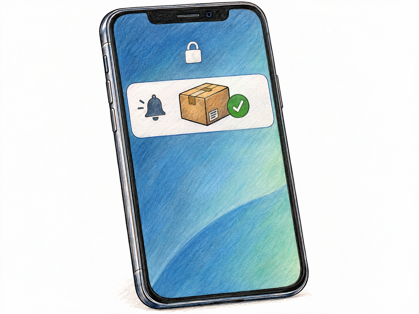 A smartphone displaying a single delivery notification: a compact system-alert banner with a bell icon and a parcel icon bearing a green check mark.