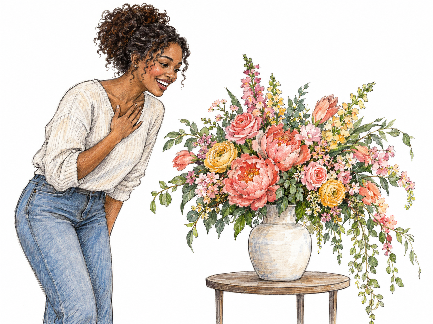 A young adult woman admires an exceptionally beautiful flower arrangement, smiling with delighted surprise at its impressive cascading blooms.
