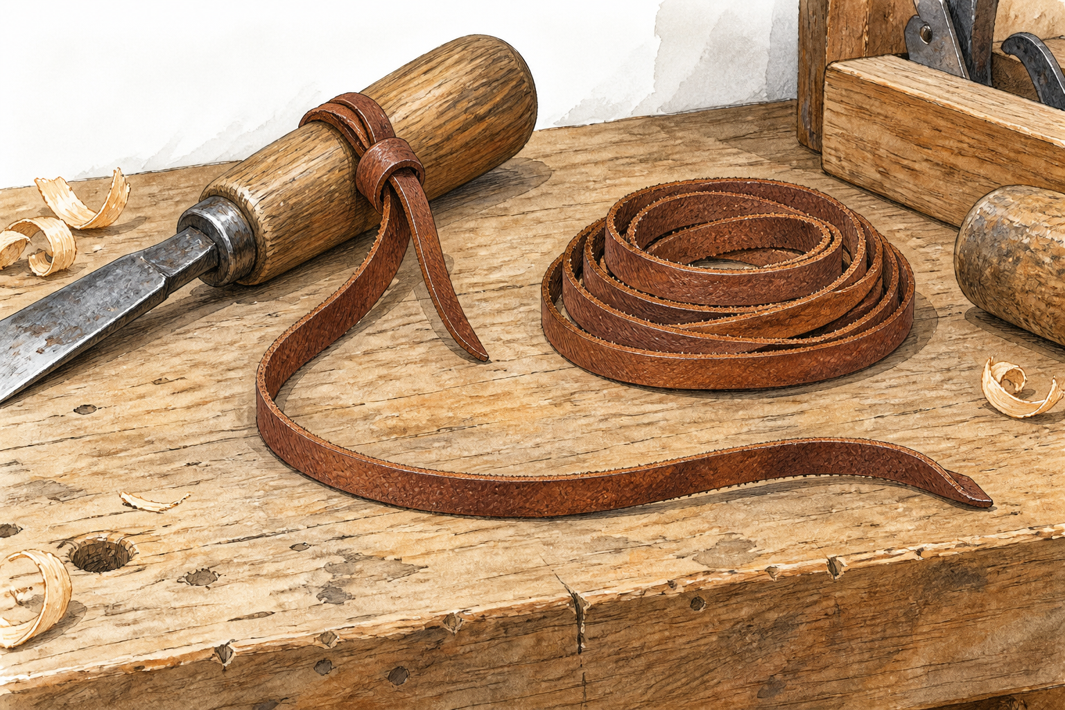 Still life of a long narrow leather thong laid in a loose curve beside a small coil of matching leather strips on a woodworker's bench, one end tied around a tool handle to show practical use.