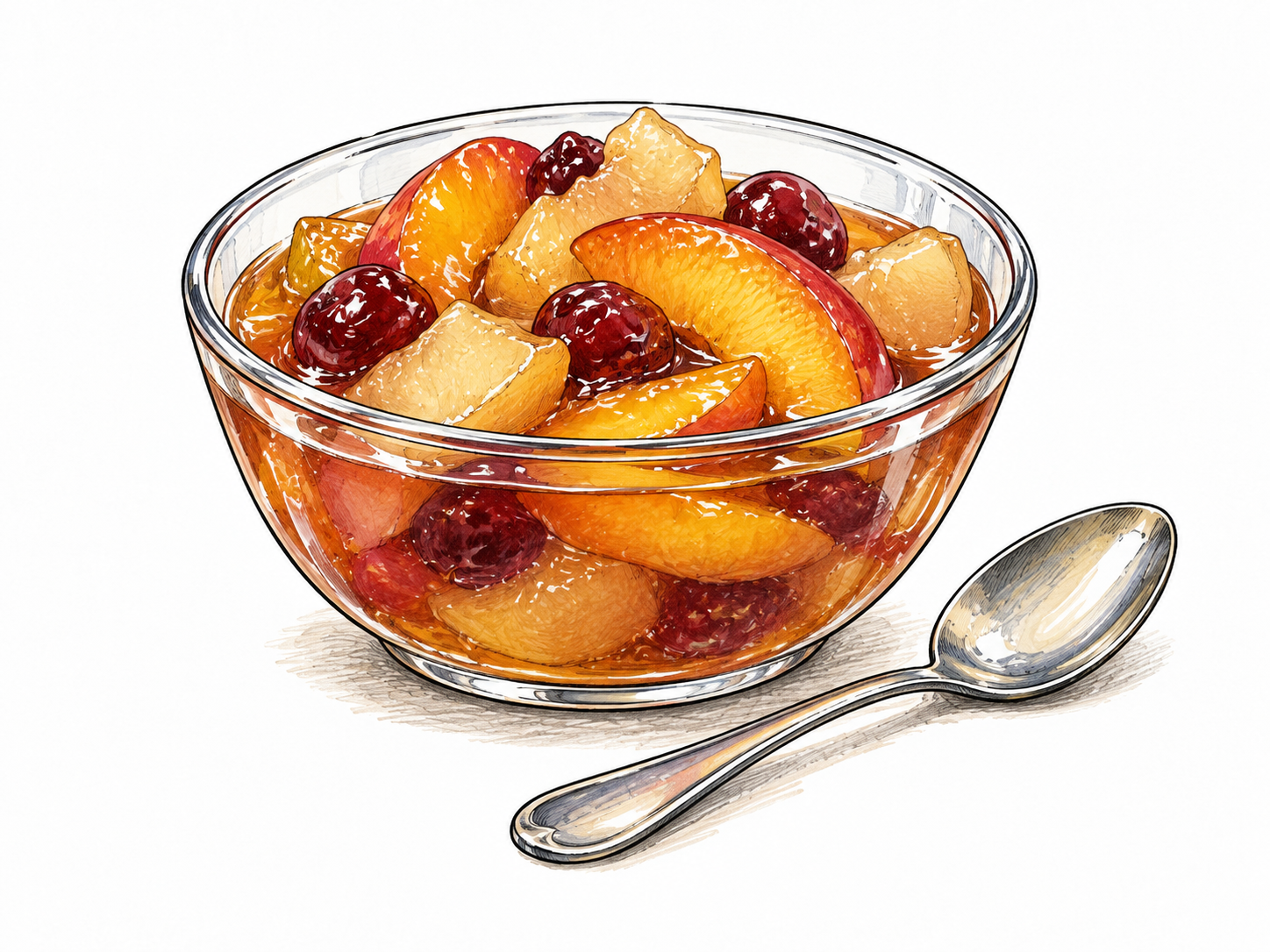 Glass bowl of cooked fruit pieces in glossy sweet syrup, spoon beside bowl, no label.