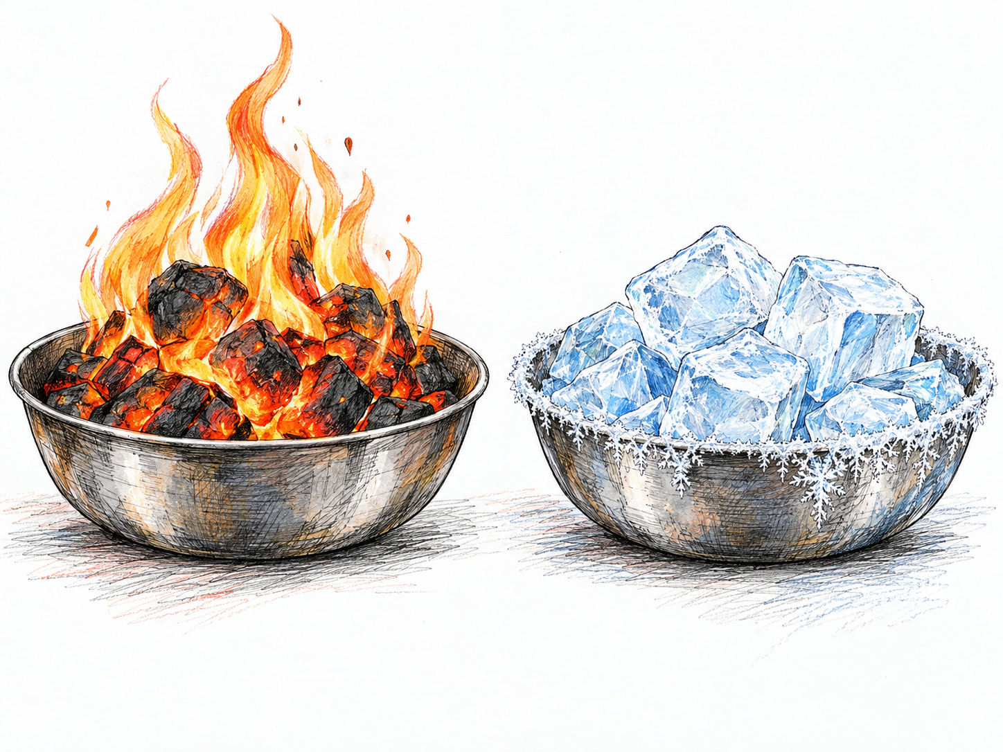 Two matching metal bowls placed side by side present stark opposites: one holds fiercely burning coals and flames, the other holds solid ice cubes with frost coating the rim.