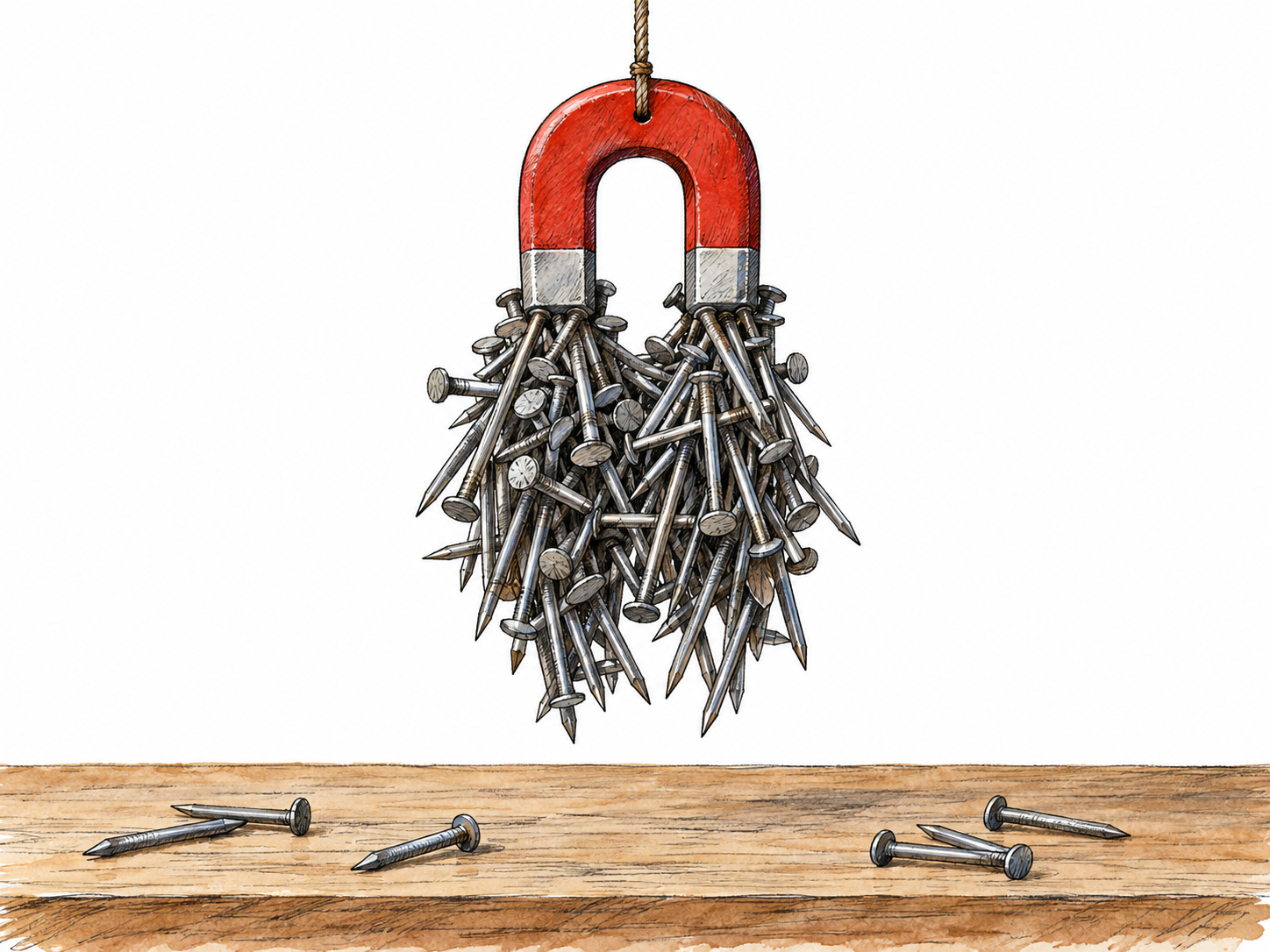 A small, powerful horseshoe magnet lifts a dense, heavy cluster of iron nails, making its strength visible through an effect far larger than the magnet itself.