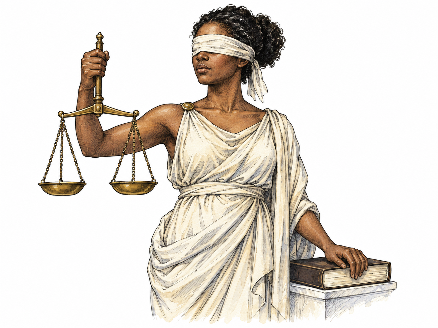 An allegorical figure of Justice stands blindfolded, carefully holding a level balance scale with two equal pans, other hand resting on a closed plain book.