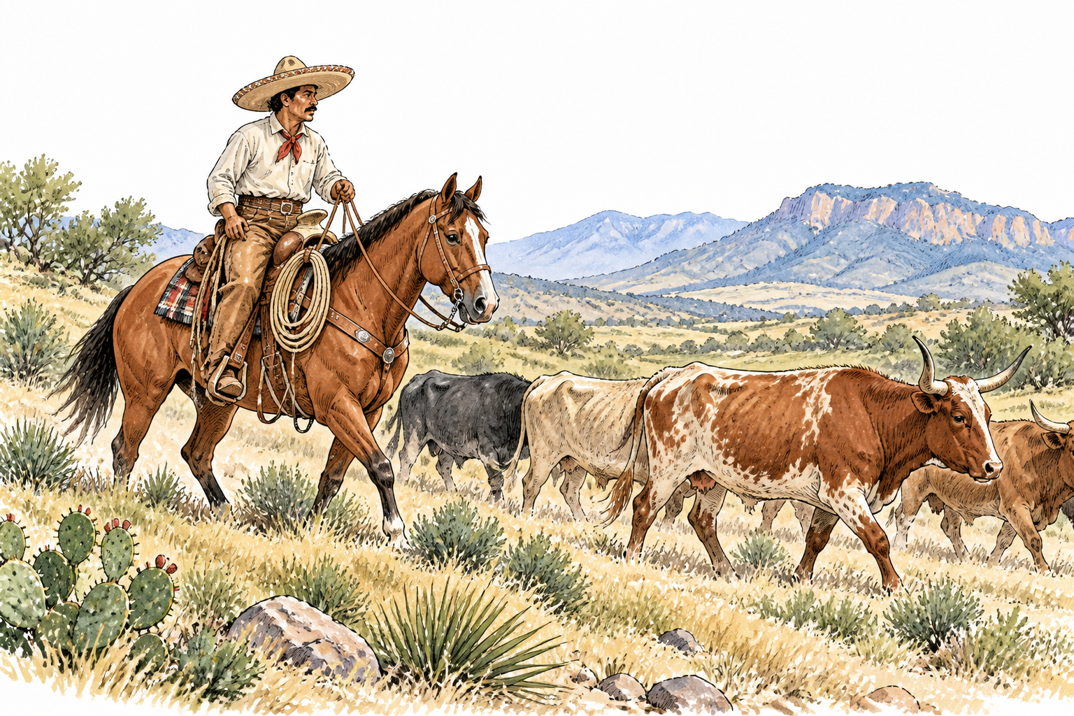Mexican adult cattle herder on horseback guides cattle across open rangeland, accurate saddle and natural respectful portrayal.