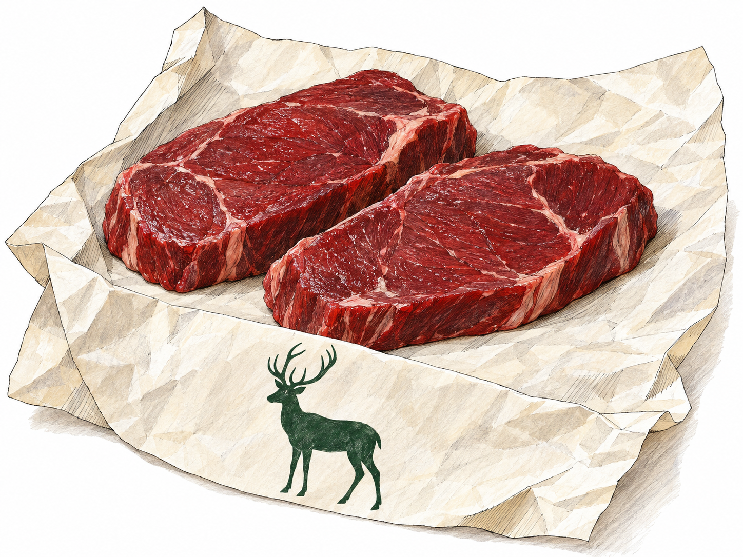 Fresh venison steaks on an opened butcher-paper wrapper bearing a prominent, wordless deer silhouette that identifies the meat's source.