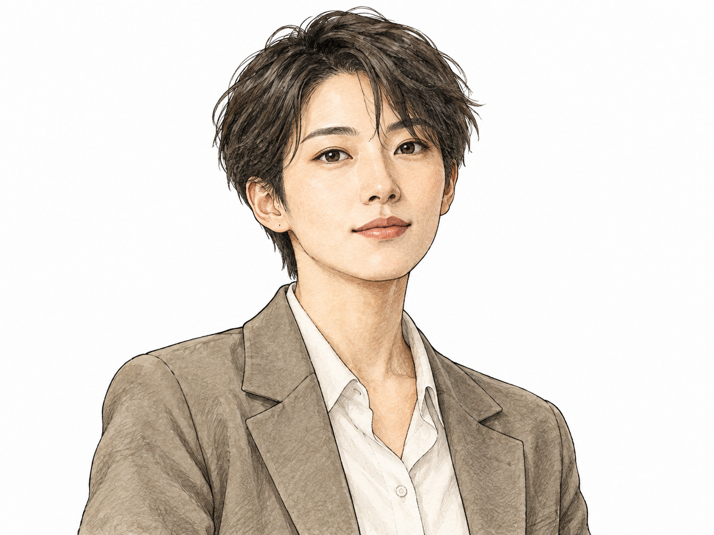 A fictional adult presents an androgynous appearance through short softly styled hair, balanced facial features and a plain tailored blouse/jacket, natural confident portrait, no gender symbols or labels.