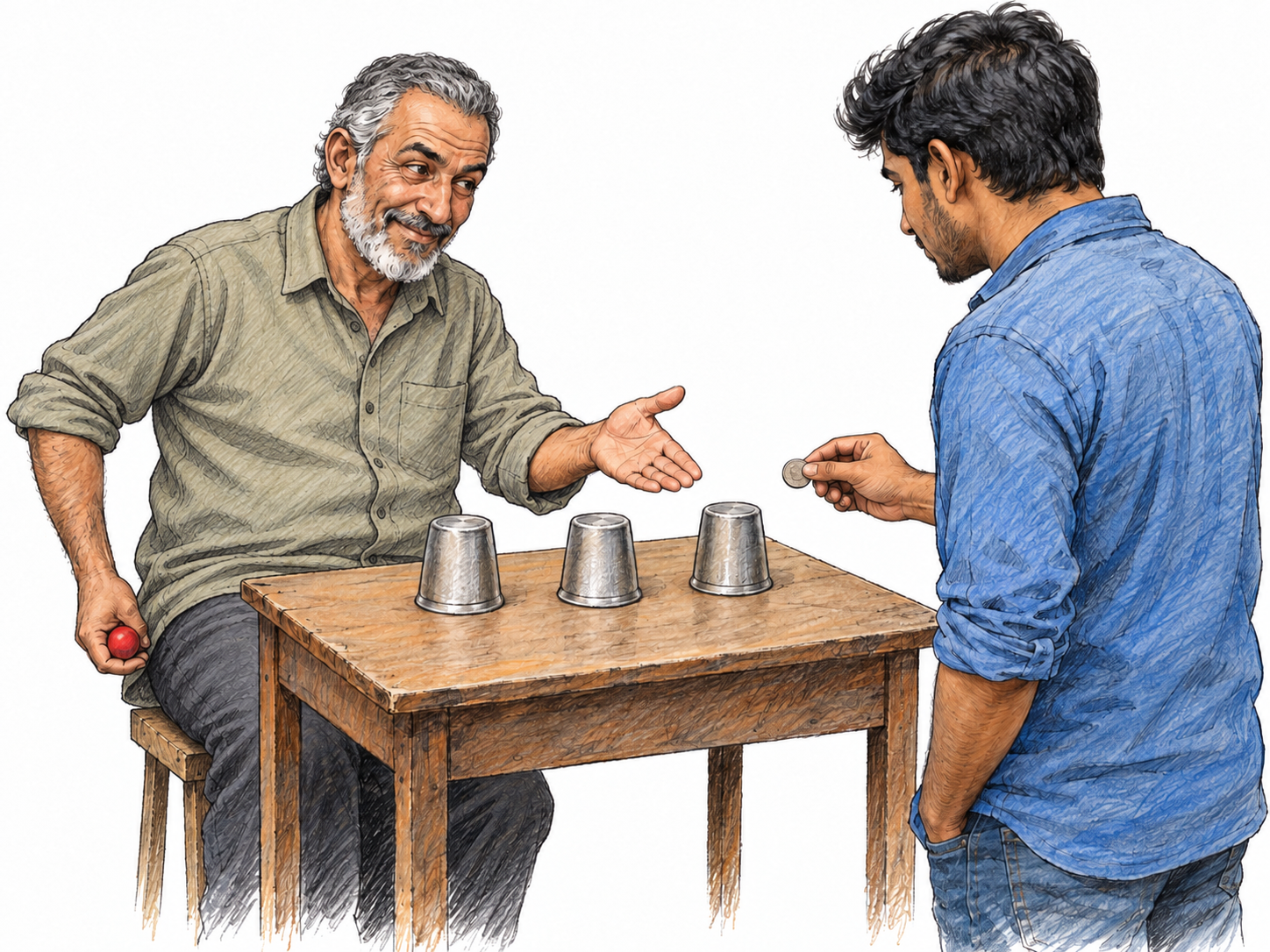 A dishonest shell-game dealer secretly palms the ball while inviting a customer to wager a coin on three empty cups.