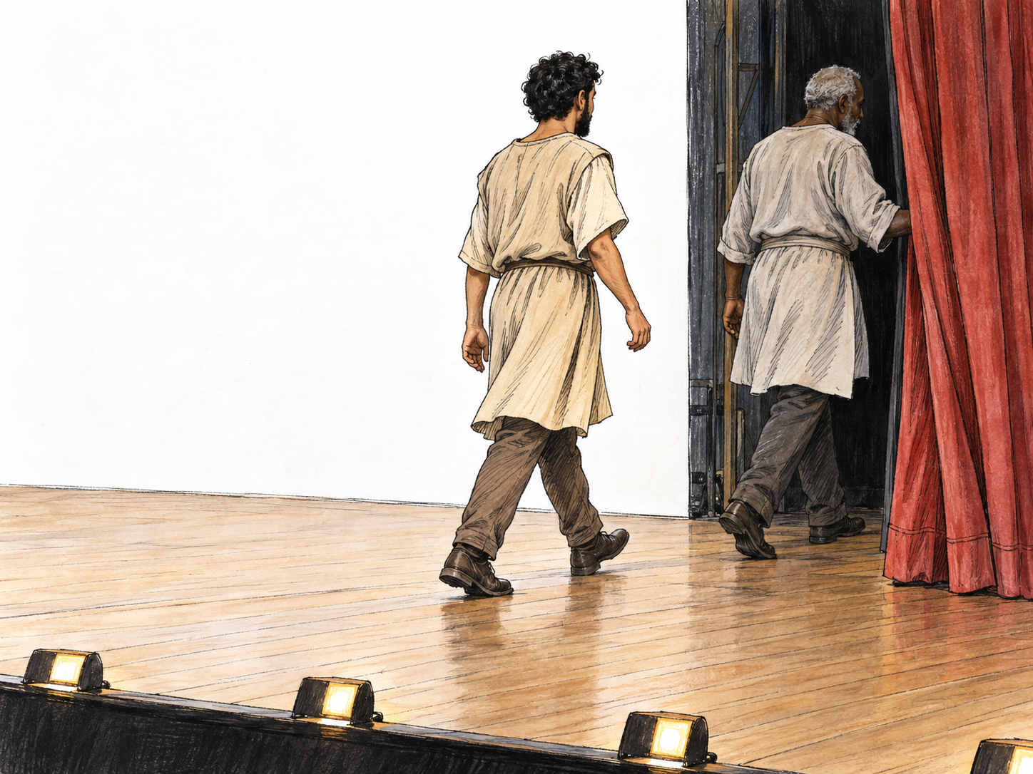 Two costumed actors leave a theater stage together through the same side curtain, with one already crossing into the wings and the other following.