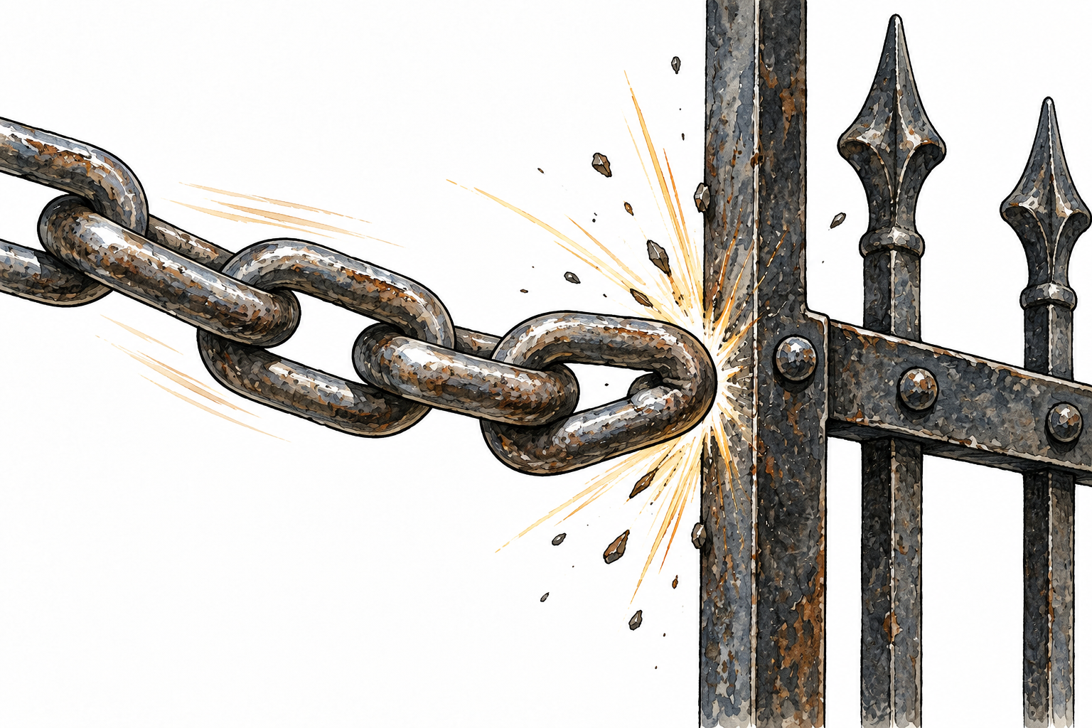 Heavy chain links collide against iron gate, strong metallic impact marks.