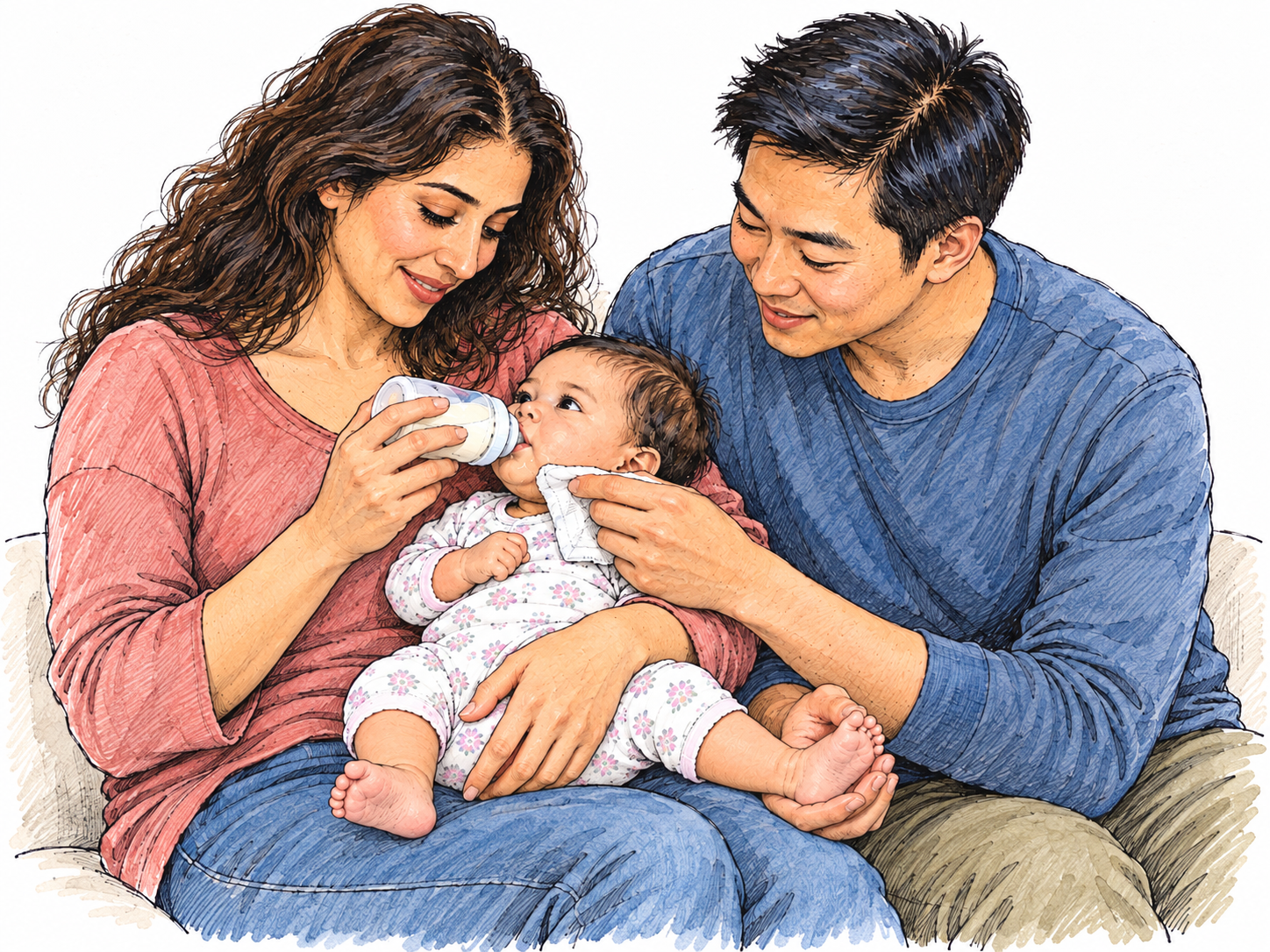 A mother and father jointly care for their infant: the mother cradles and bottle-feeds the baby while the father supports the baby's feet and gently wipes a dribble from its chin.