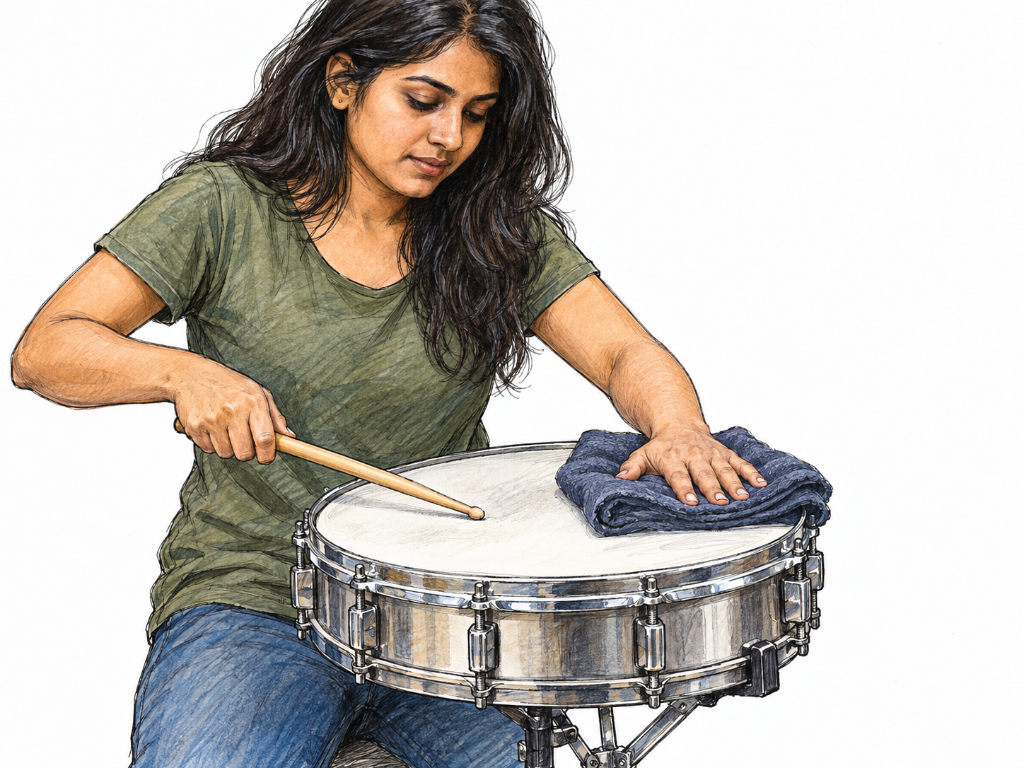 A drummer strikes a snare drum while firmly pressing a folded cloth against its head to dampen the sound.