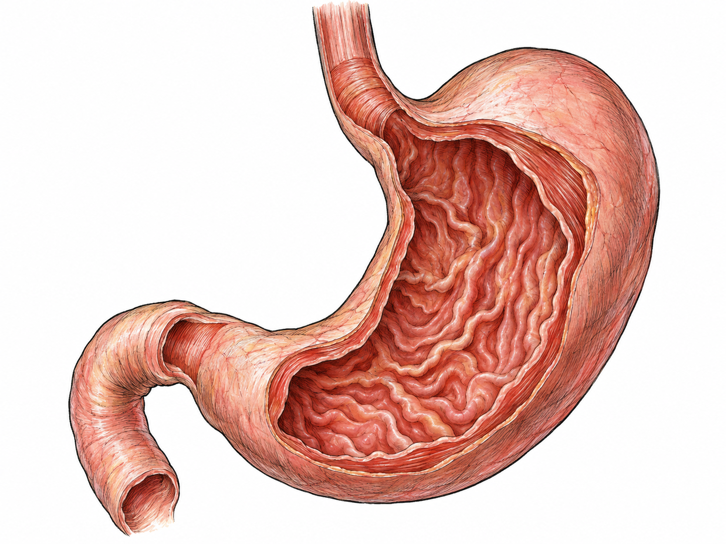 An isolated anatomical cutaway of the stomach, showing its muscular wall and folded inner lining, with short attached sections of esophagus and duodenum to make the organ unmistakable.