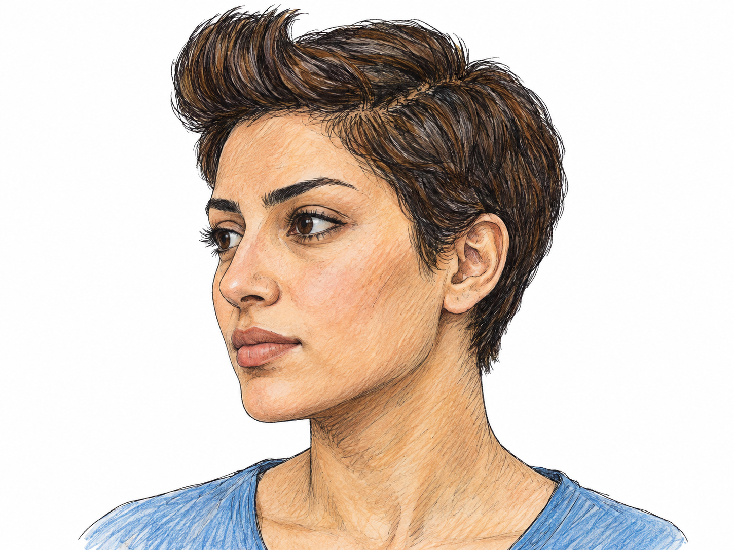 A clear three-quarter-profile head portrait of a young woman with short hair, its prominent front section swept upward from the forehead and curved slightly backward into a quiff.
