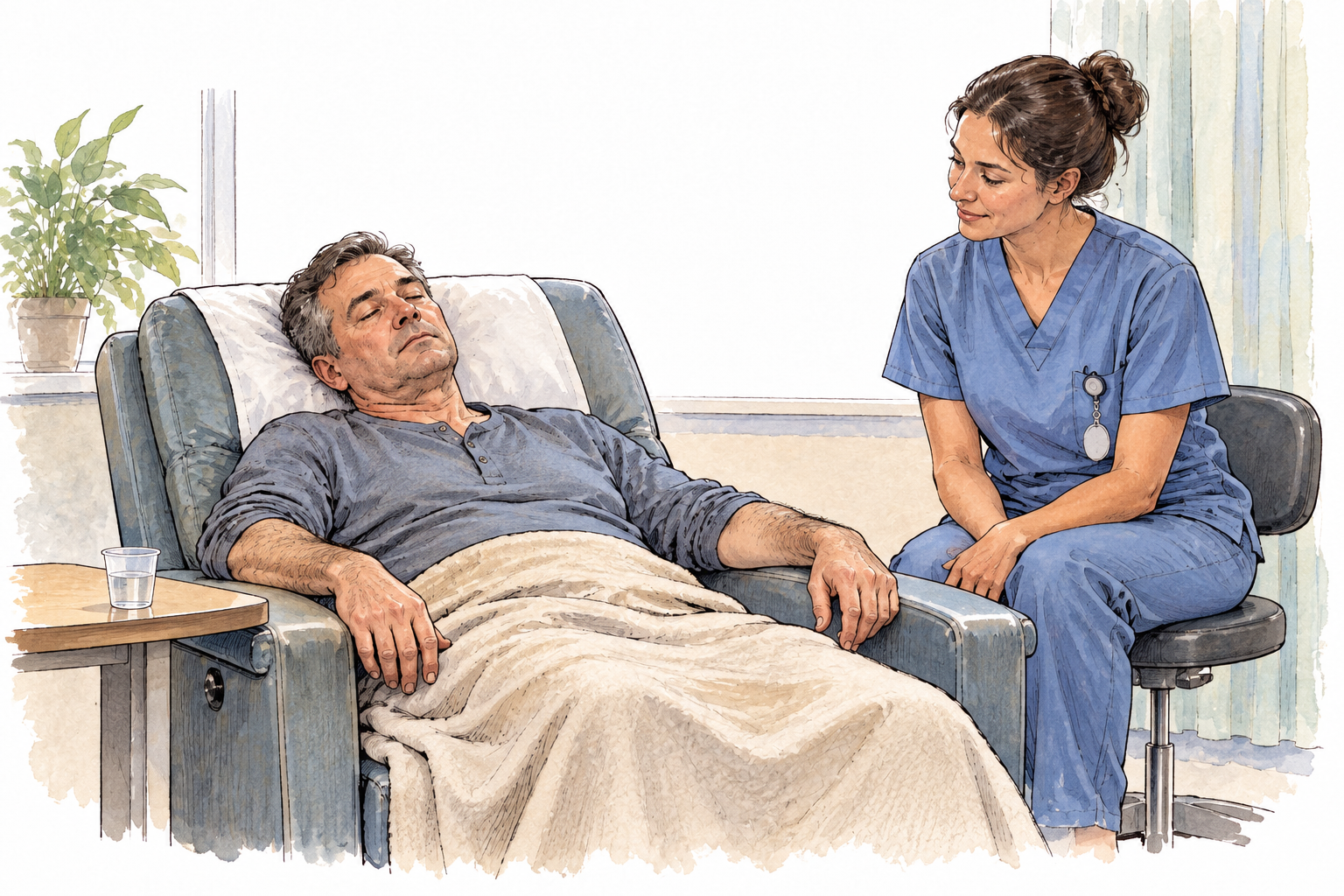A drowsy adult patient reclines comfortably in a clinic under a nurse's observation, unmarked medicine cup nearby conveys drug-produced sleepiness, no procedures or labels.
