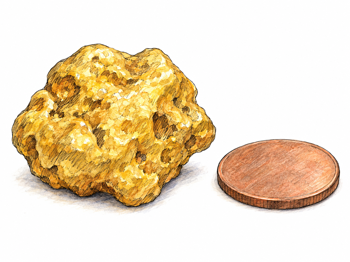 One small, irregular gold nugget beside a plain coin for scale, emphasizing its compact, solid lump shape rather than a crystal, ingot, or piece of jewelry.