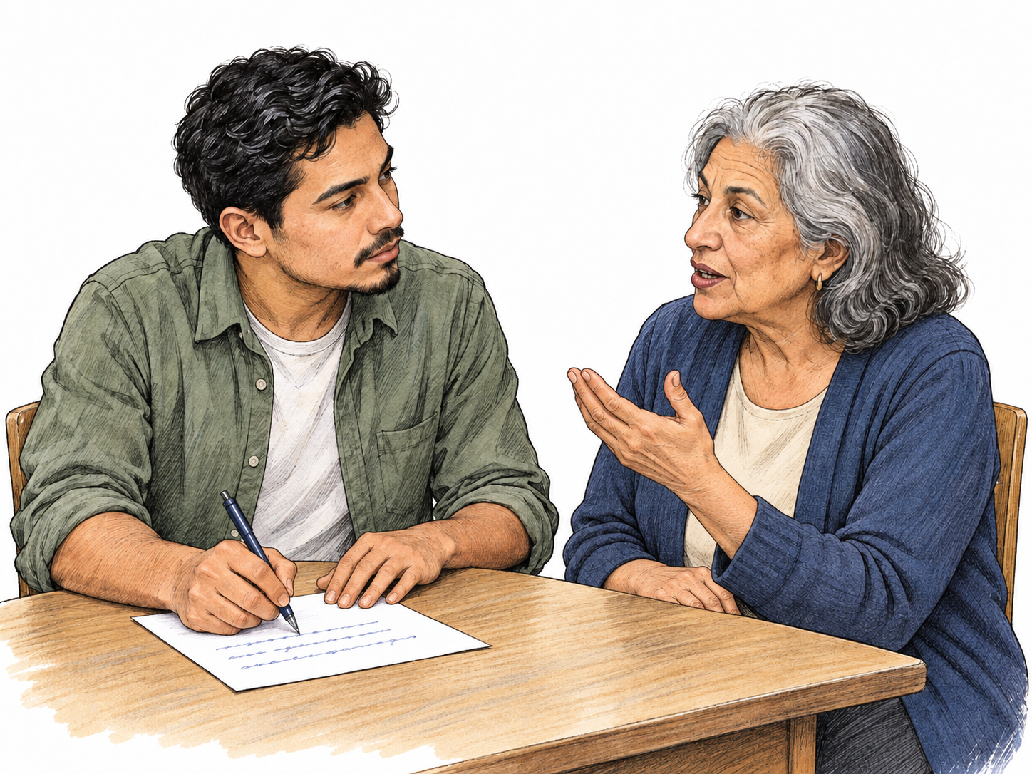A seated amanuensis listens attentively to a woman dictating and writes continuously on a sheet of paper.