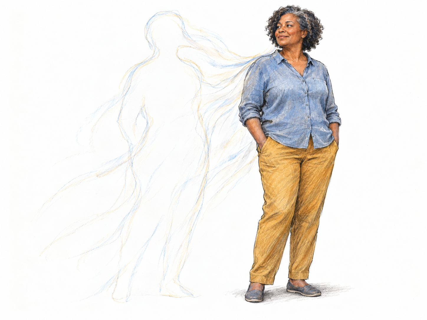 An airy, abstract human-shaped outline resolves into a fully solid woman, making the transition from an immaterial idea to bodily form visible in one simple symbolic scene.