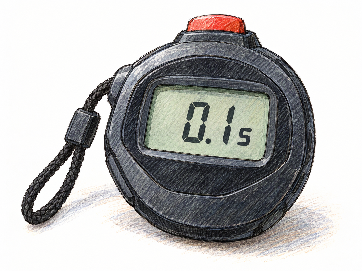 A close-up digital stopwatch displaying an elapsed time of just 0.1 seconds, making a very short interval the sole focus.