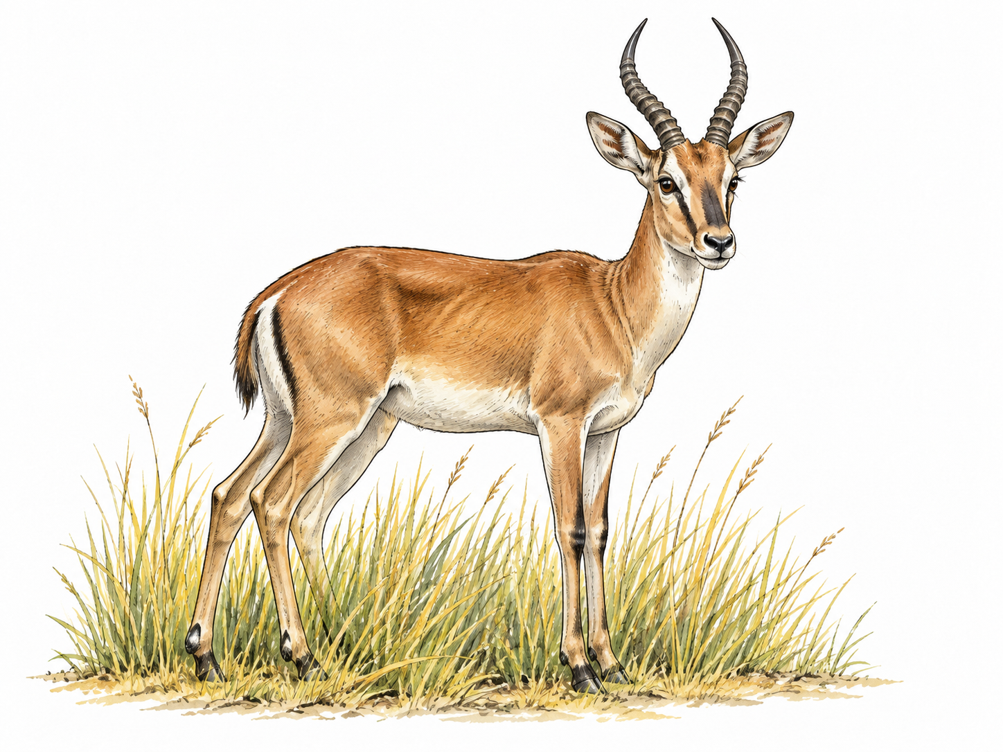 A healthy horned antelope stands in tall grass with two clearly visible horns.